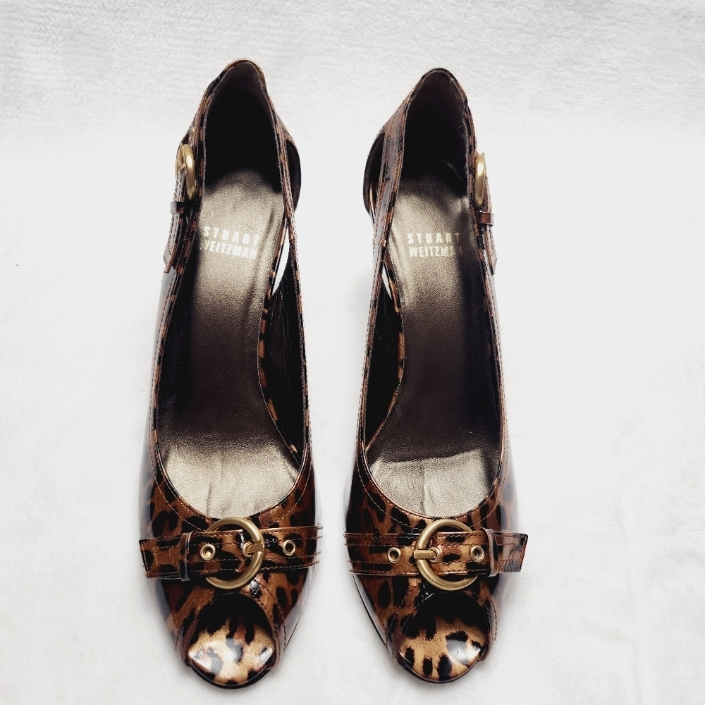 Stuart Weitzman Leopard Print Peep-Toe Kitten Heel Sandals - Brown/Black - Picture 2 of 8